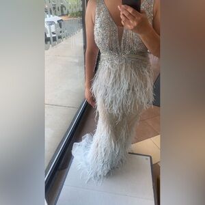 Jovani 03023 Sheer Embellished Bodice Feather Prom Dress